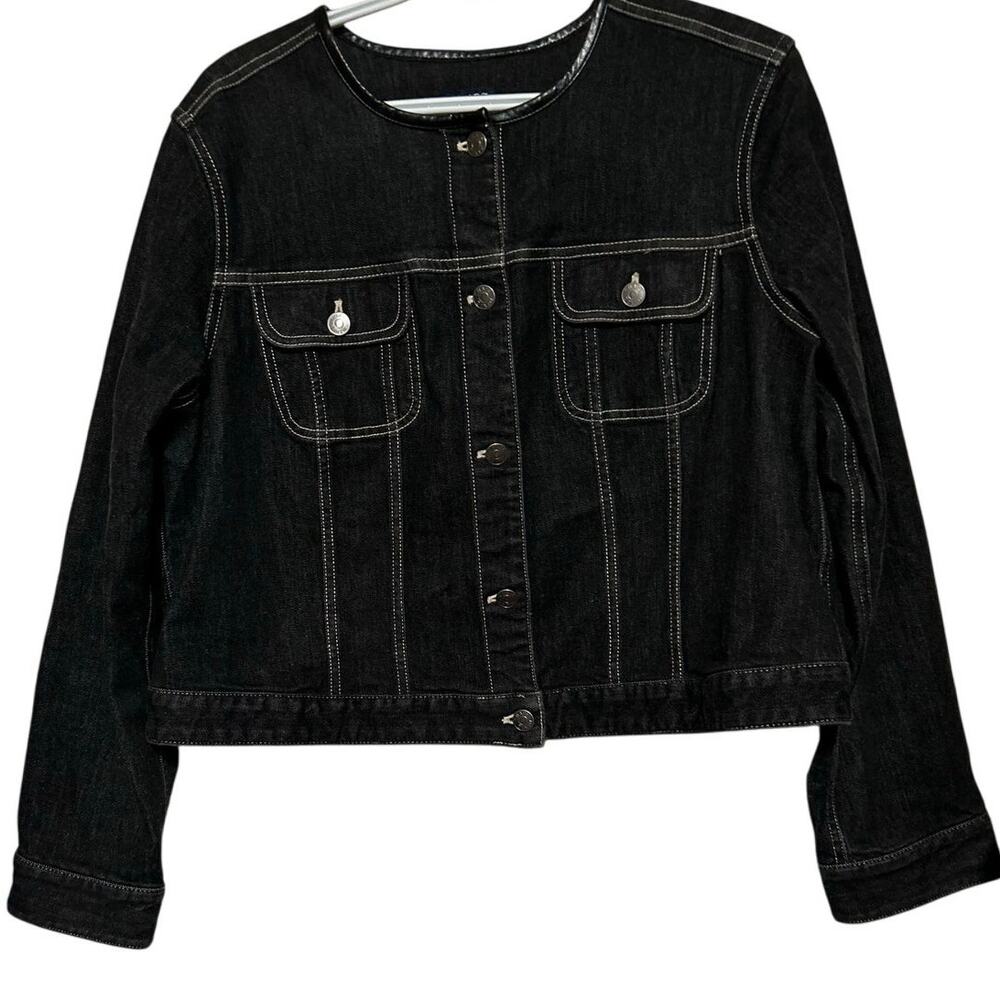 Chaps Women's Black Demin Collarless Pleather Neckline Jacket Size 1X